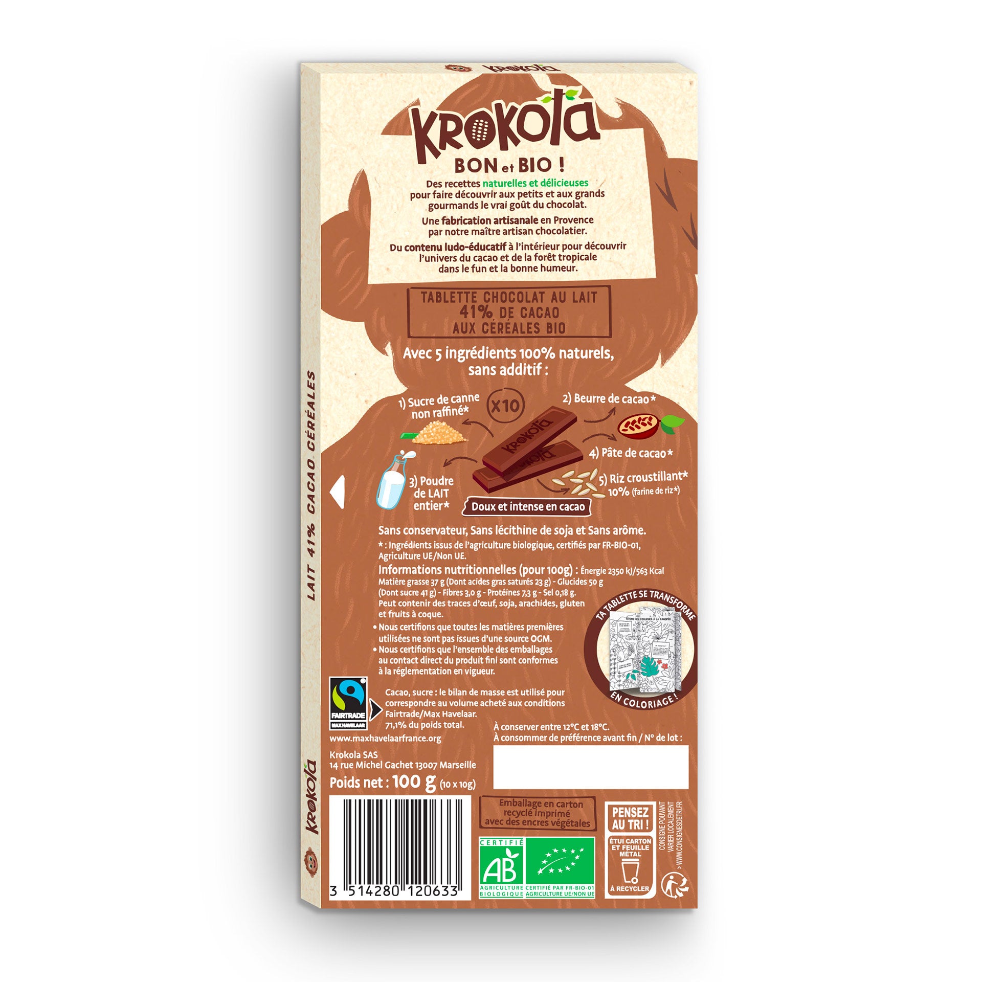 Chocolat au lait 41% céréales croustillantes – Bio