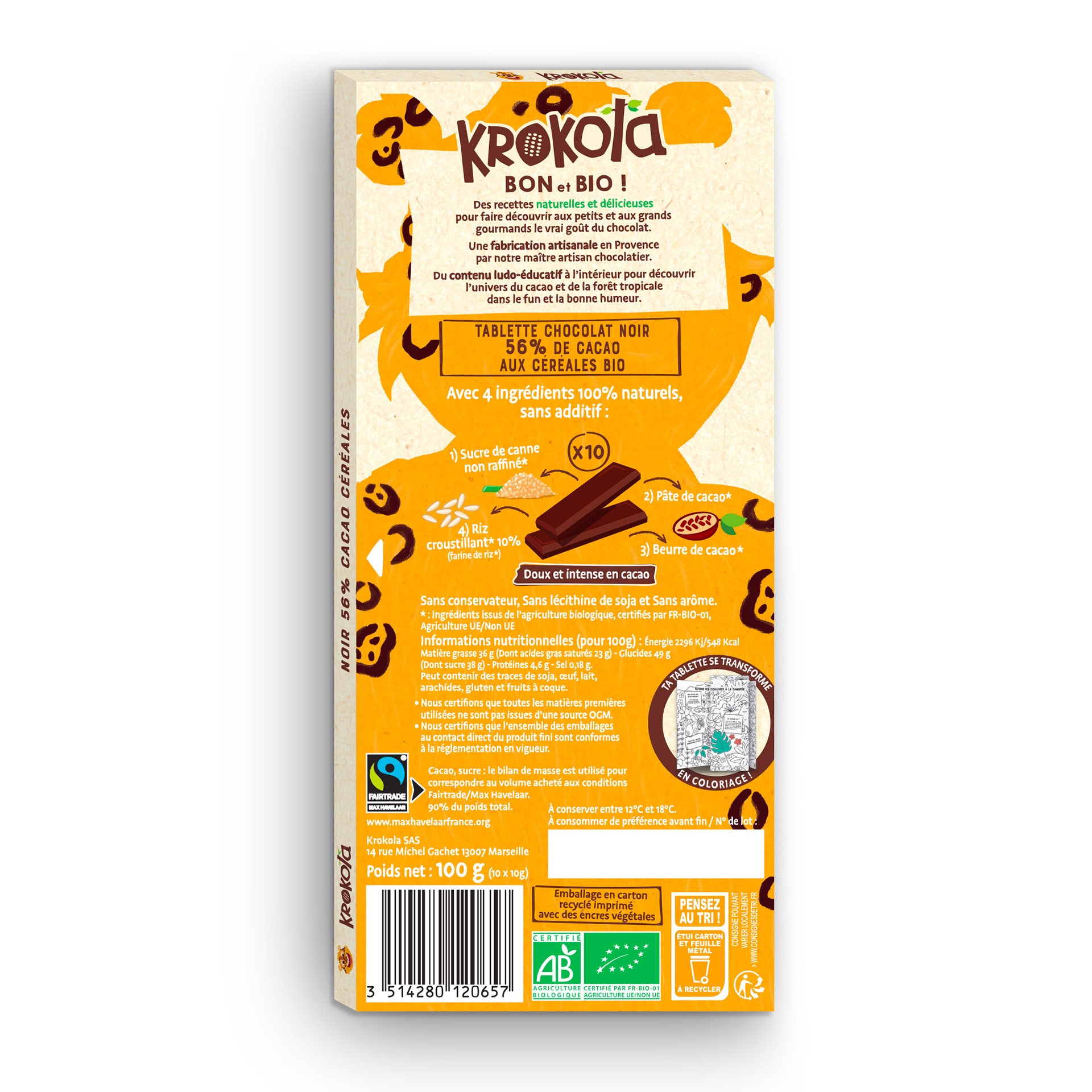 Chocolat noir doux 56% céréales croustillantes – Bio